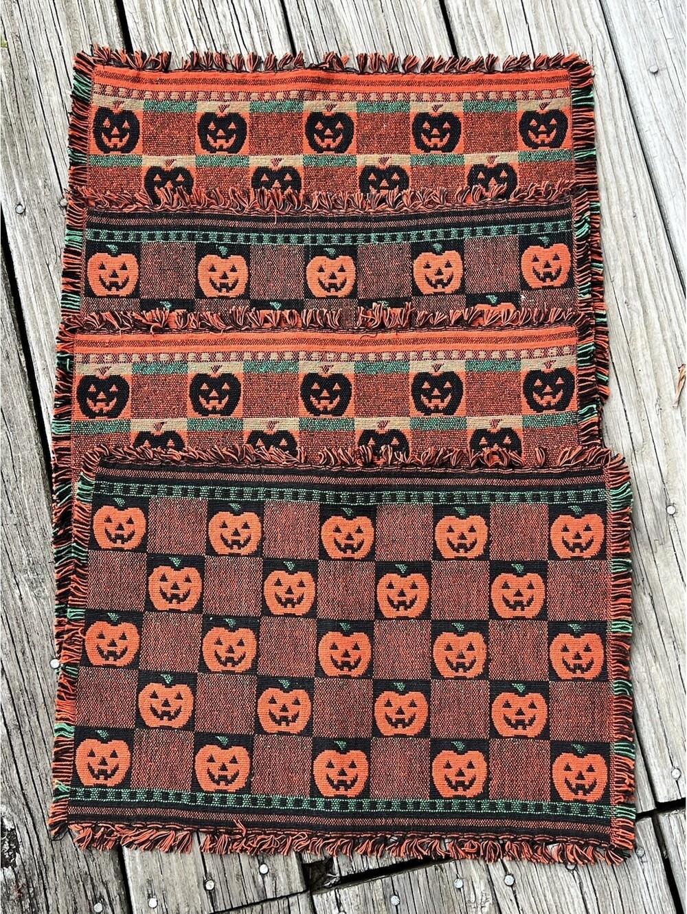 Halloween Placemats Tapestry Jack-O-Lantern SET 4 Orange Black Woven Reversible